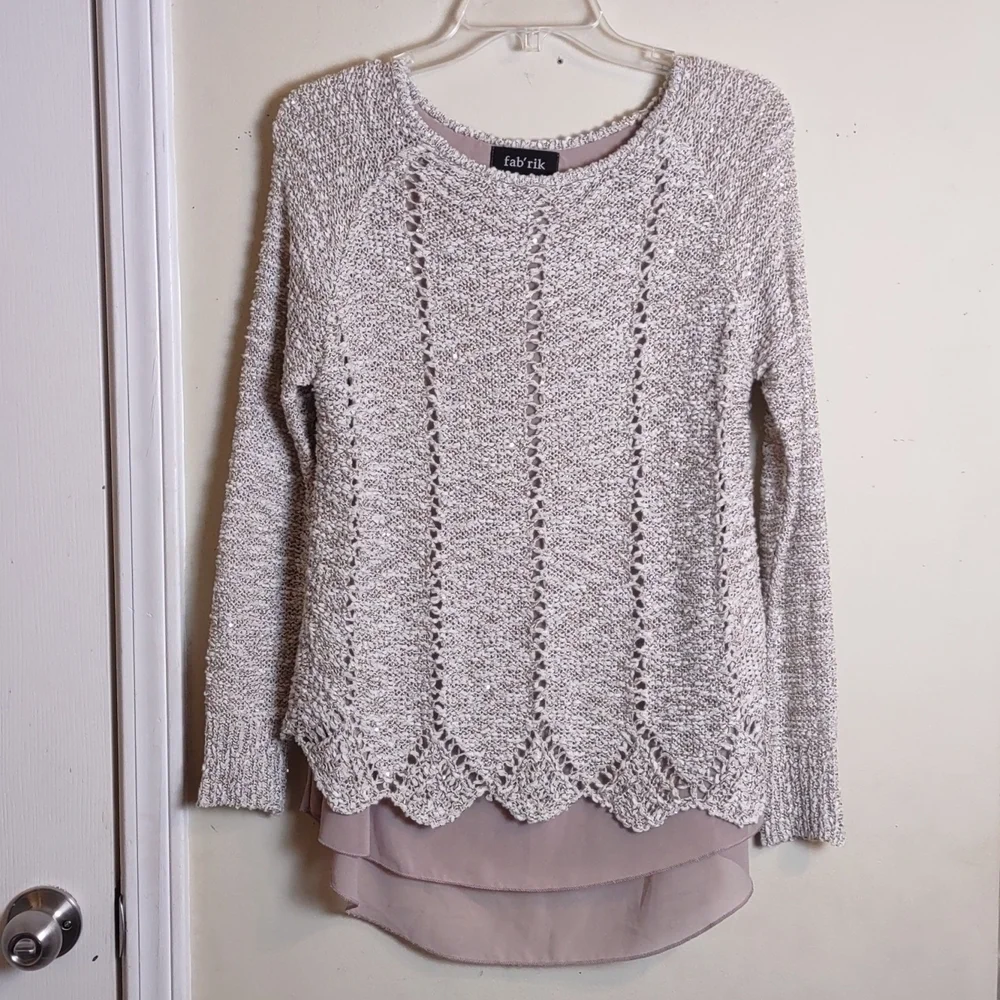 Fab'ric Sweater overlaying a sheer tan attached shirt